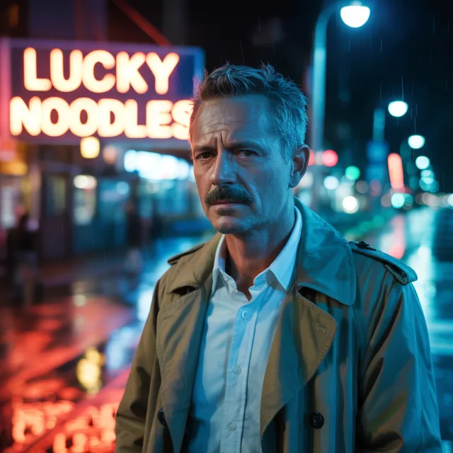 A nighttime portrait of a man lit by neon signs on a city street. - Ideogram 3.0 (Quality)
