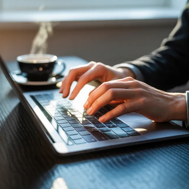 A person typing on a laptop keyboard, showing both hands on the keys - Ideogram 3.0 (Quality)