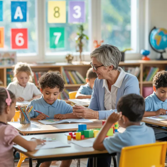 A school classroom of children and a teacher, each student engaged in a different… - Ideogram 3.0 (Quality)