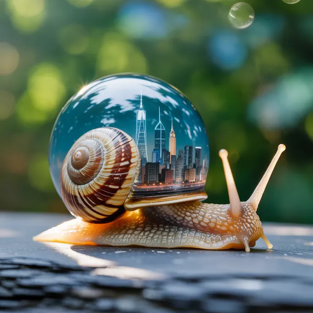 A snail whose shell contains a miniature city skyline, depicted in a hyperrealistic macro… - Ideogram 3.0 (Quality)