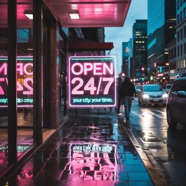 A storefront sign that says "Open 24/7" in neon lights, nighttime urban photography - Ideogram 3.0 (Quality)