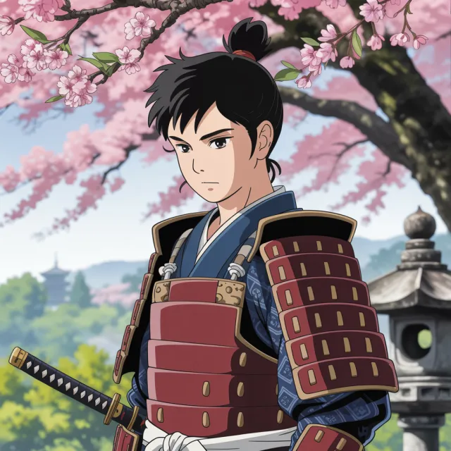 An anime-style portrait of a samurai standing under pink cherry blossoms. - Ideogram 3.0 (Quality)