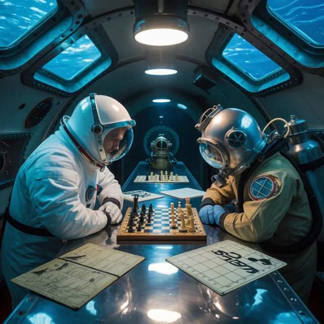 An astronaut and a deep-sea diver playing chess together inside a submarine - Ideogram 3.0 (Quality)