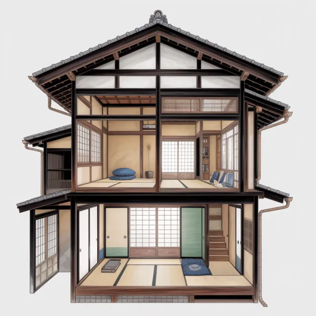 Cutaway architectural drawing of a traditional Japanese machiya townhouse showing all… - Ideogram 3.0 (Quality)