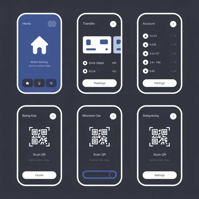Set of 5 consistent flat design icons for a mobile banking app: 'Home', 'Transfer'… - Ideogram 3.0 (Quality)