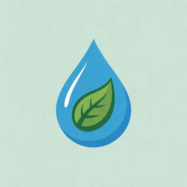 Visual element for an infographic about water conservation. Stylized water droplet icon containing a small green leaf, clean vector art. - Ideogram 3.0 (Quality)
