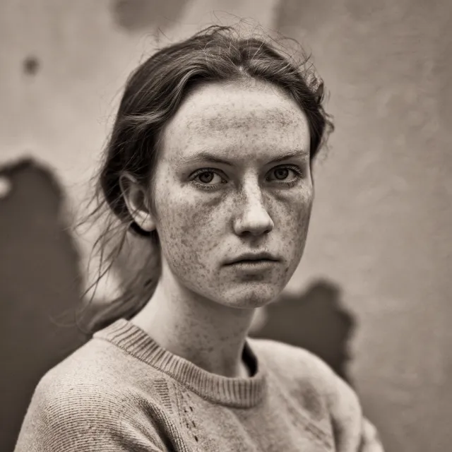 A black and white close-up portrait of a freckled woman with an intense gaze - Ideogram V2