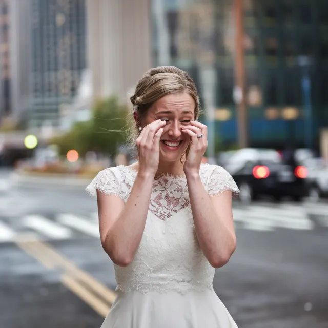 A bride on her wedding day, smiling with tears of joy in her eyes - Ideogram V2