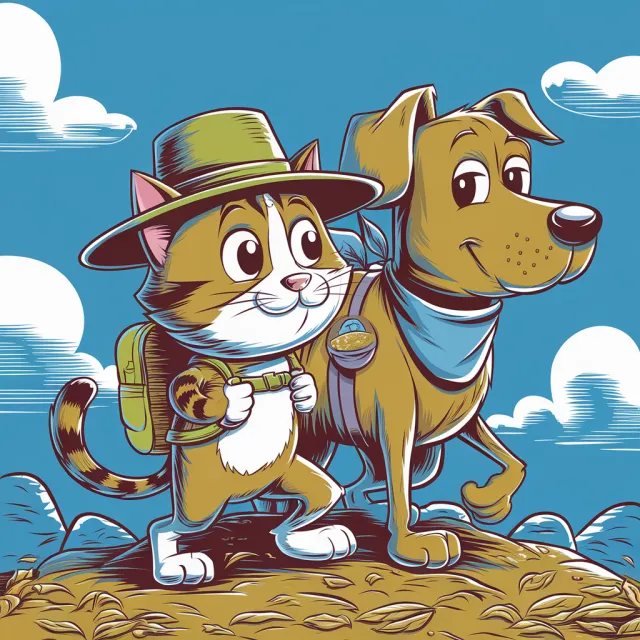 A cartoon of a cat and a dog on an adventure, drawn in a colorful 2D style - Ideogram V2