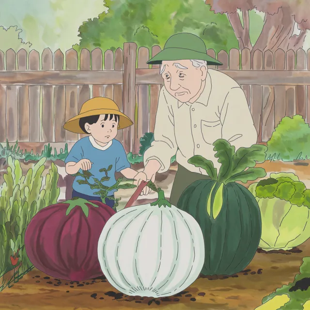A child and elder tending oversized vegetables in a garden. Reproduce the artistic style of Studio Ghibli, with their distinctive character proportions and detailed plant illustrations. - Ideogram V2