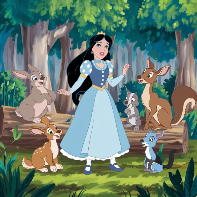 A classic Disney-like 2D cartoon princess singing with animals in a forest - Ideogram V2