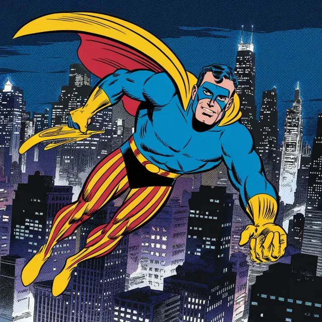 A comic-book style superhero flying over a city at night, with halftone shading - Ideogram V2
