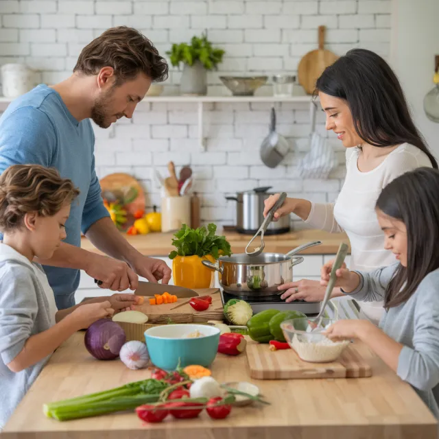 A family cooking together in a kitchen, each person busy with a different task - Ideogram V2