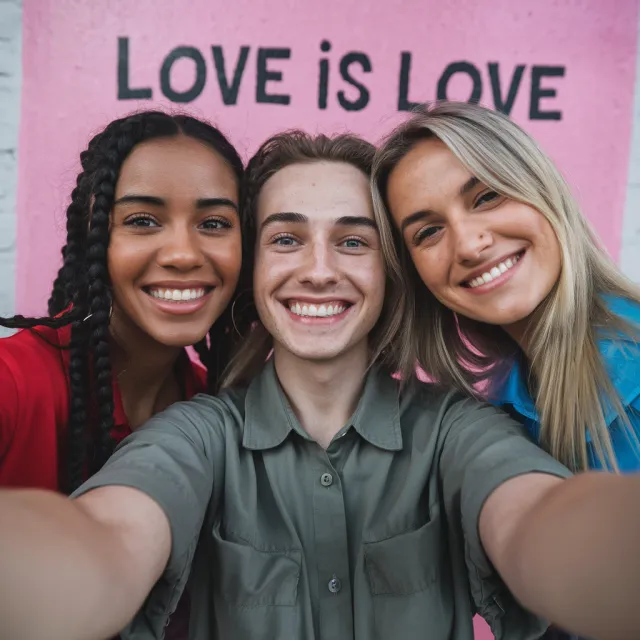 A group selfie of three friends of different ethnic backgrounds smiling at the camera - Ideogram V2
