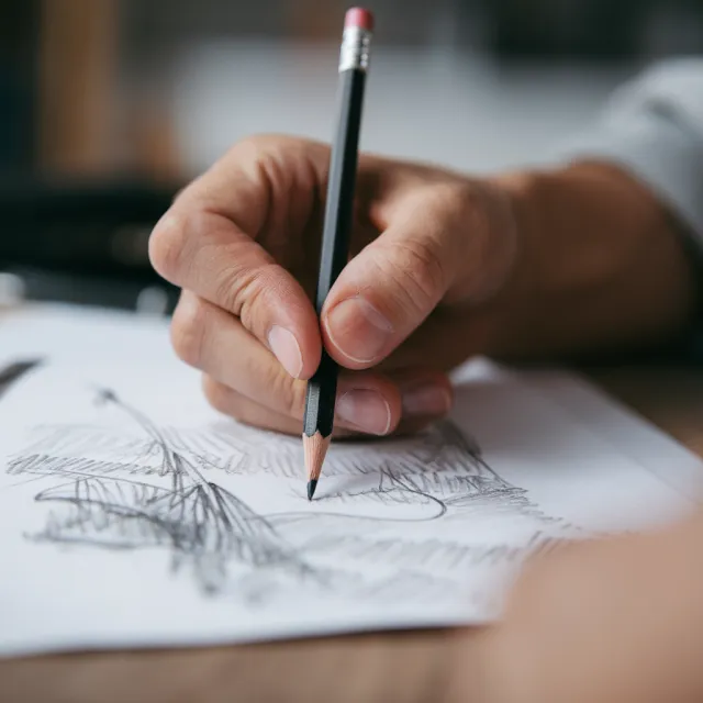 A hand drawing a sketch on paper with a pencil, the hand and pencil tip in clear focus - Ideogram V2