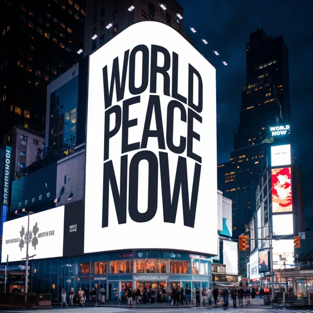 A large storefront billboard at Times Square displaying the slogan “WORLD PEACE NOW” in… - Ideogram V2