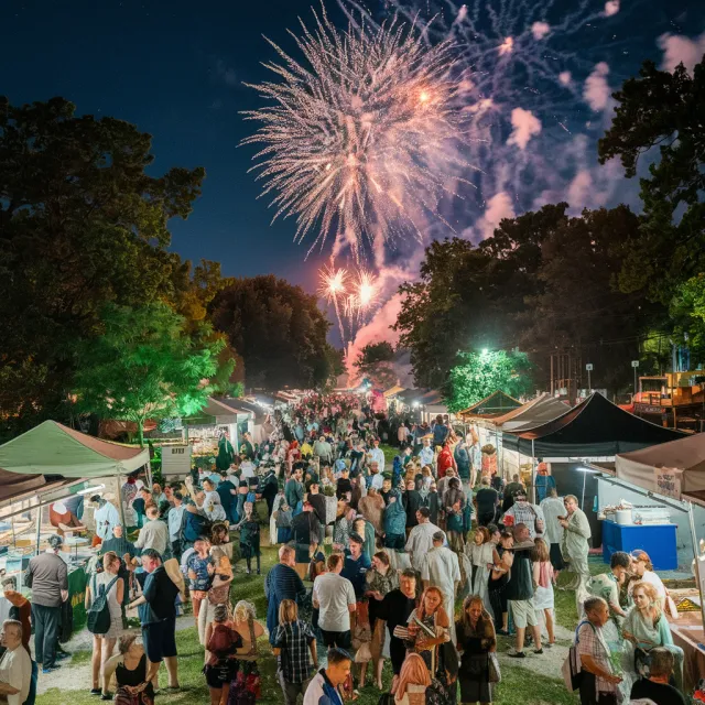 A nighttime festival with fireworks in the sky, food stalls lined up, and crowds mingling - Ideogram V2
