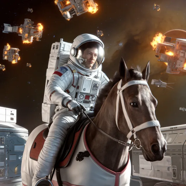 A realistic astronaut being ridden by a horse, photorealistic depiction in outer space… - Ideogram V2