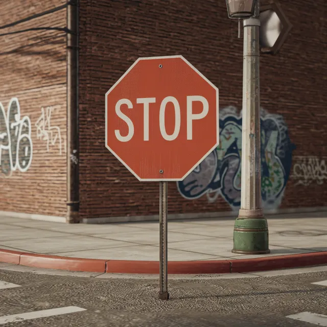 A red stop sign on a street corner displaying the word "STOP", photorealistic urban… - Ideogram V2