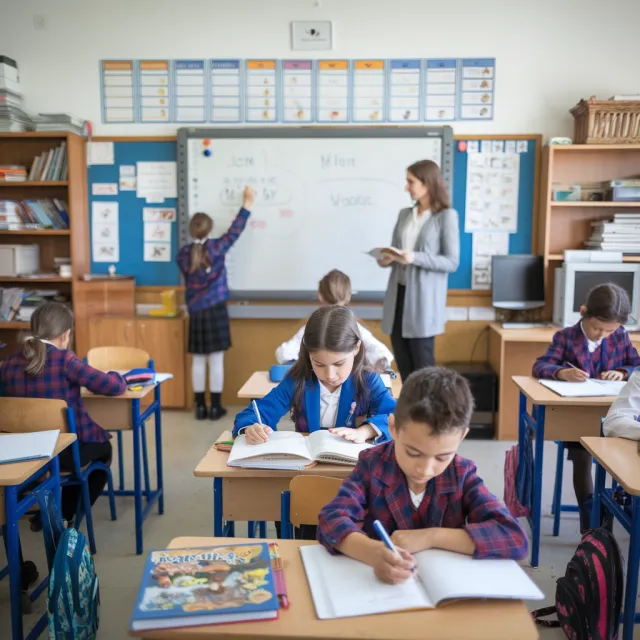 A school classroom of children and a teacher, each student engaged in a different… - Ideogram V2