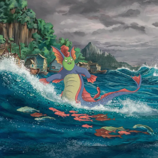 A sea creature rising from a stormy ocean near a village. Replicate the visual style of… - Ideogram V2