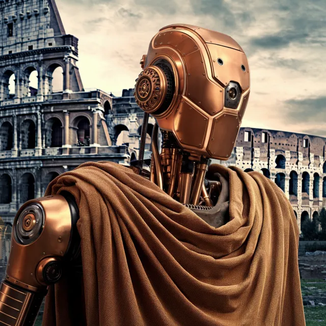A steampunk robot time-traveling in ancient Rome, depicted in a detailed cinematic style… - Ideogram V2
