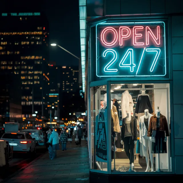 A storefront sign that says "Open 24/7" in neon lights, nighttime urban photography - Ideogram V2