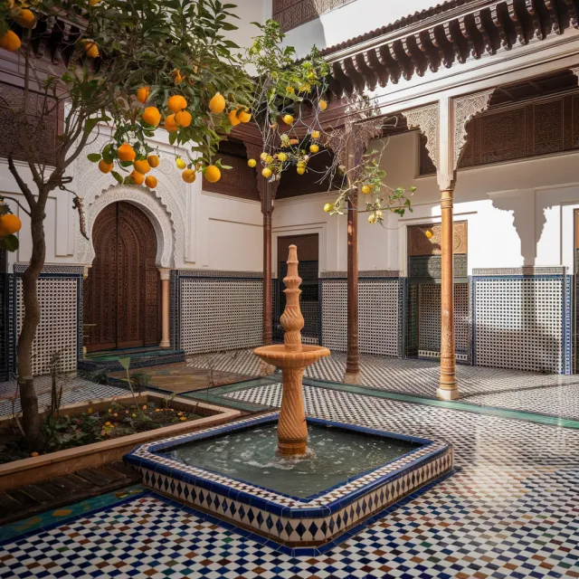 A traditional Moroccan riad courtyard with detailed zellige tilework, flowing fountain… - Ideogram V2