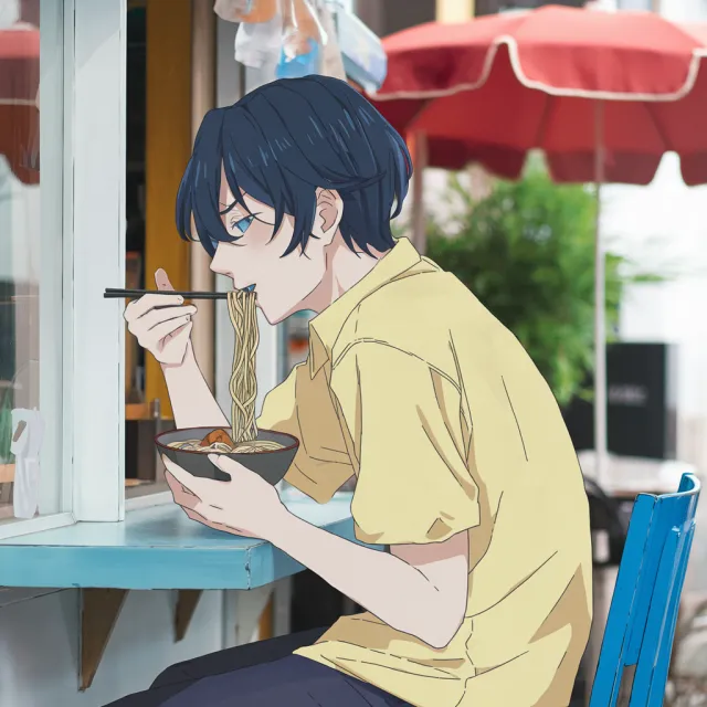 An anime scene of a character eating ramen at a small shop counter (slice-of-life style) - Ideogram V2