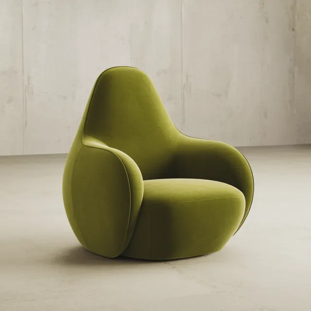 An armchair designed in the shape of an avocado, presented in a contemporary product… - Ideogram V2
