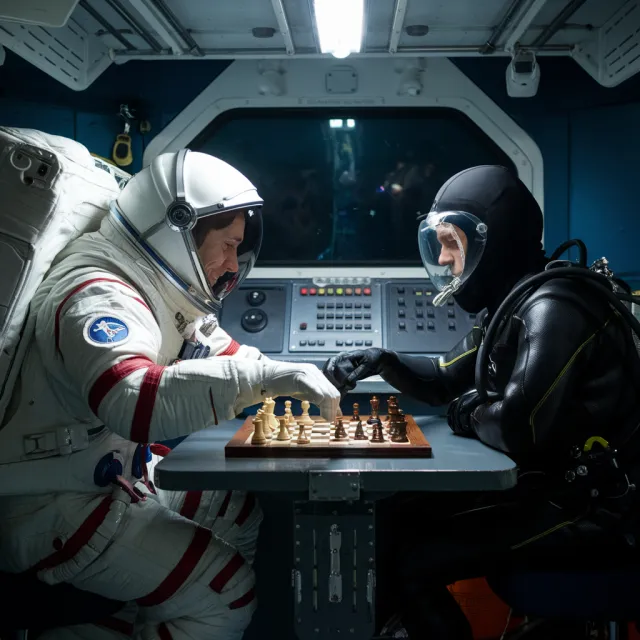 An astronaut and a deep-sea diver playing chess together inside a submarine - Ideogram V2