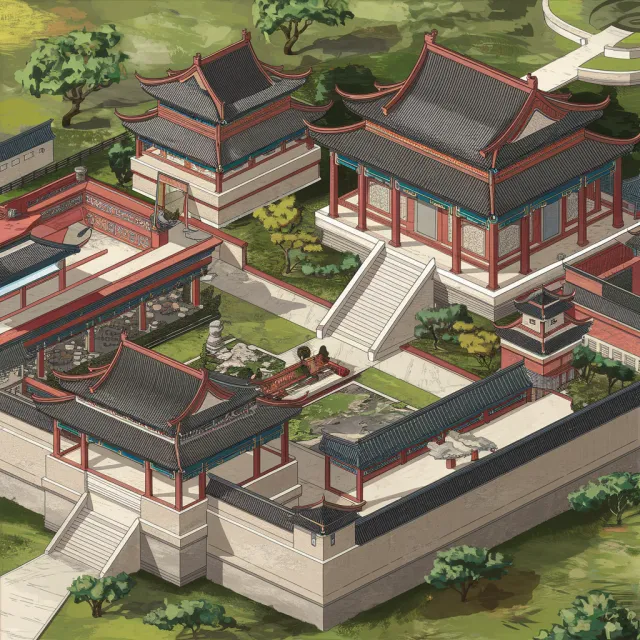 Isometric architectural illustration of an ancient Chinese temple complex showing multiple pavilions, gardens, and ceremonial spaces. Include proper roof structures and traditional ornamentation. - Ideogram V2