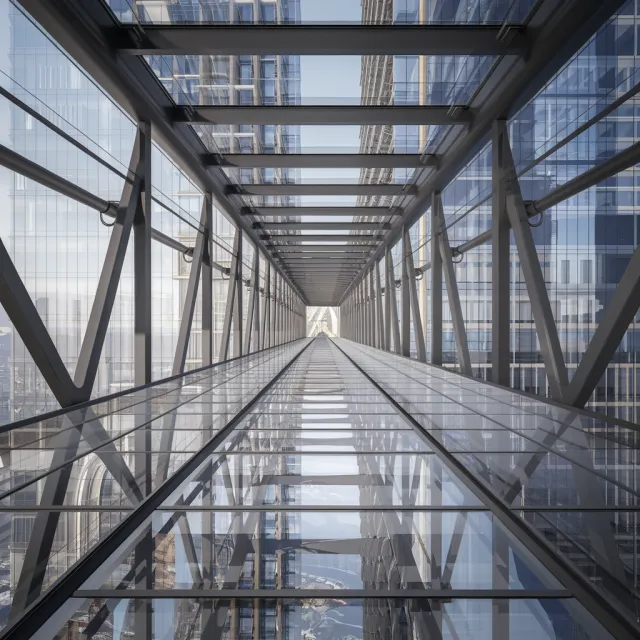 Photorealistic rendering of a contemporary glass skybridge between two skyscrapers, seen… - Ideogram V2