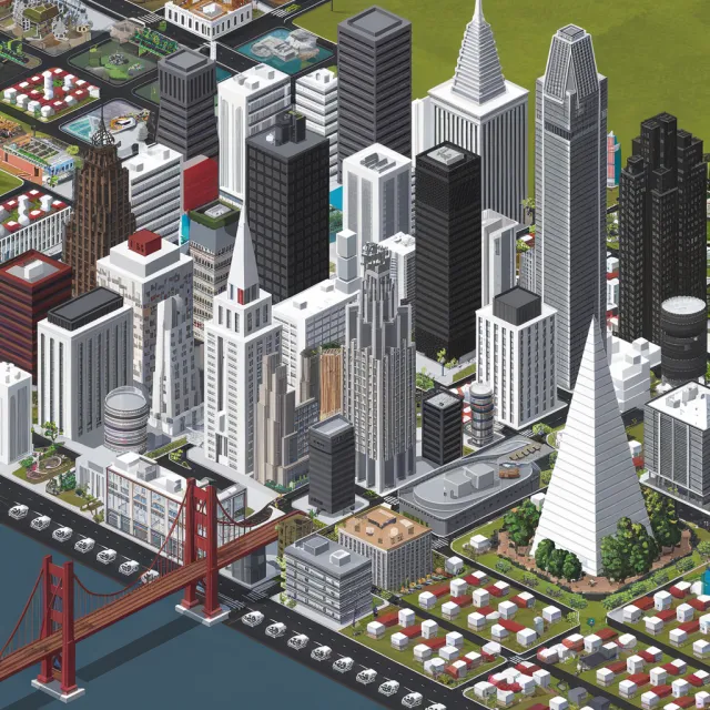Pixel art cityscape of San Francisco in the iconic SimCity 2000 style, isometric view… - Ideogram V2