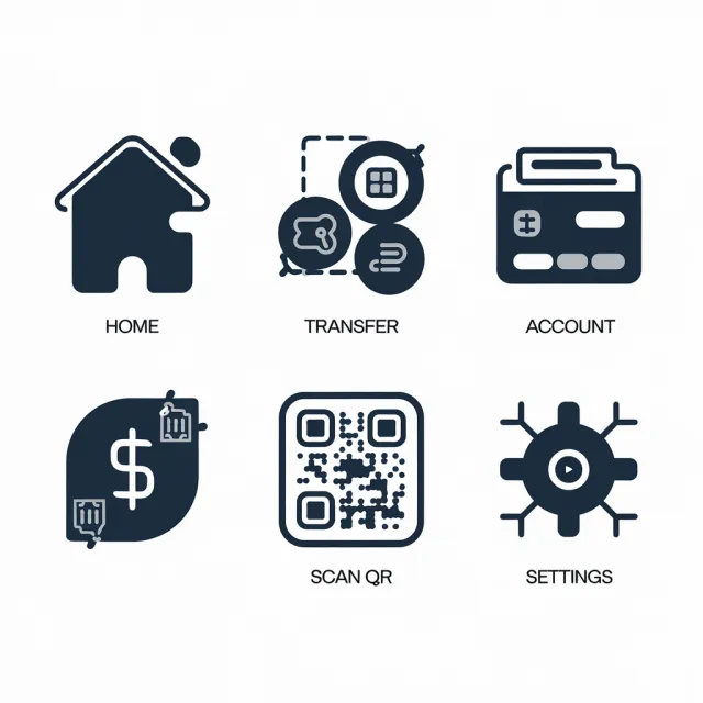 Set of 5 consistent flat design icons for a mobile banking app: 'Home', 'Transfer'… - Ideogram V2