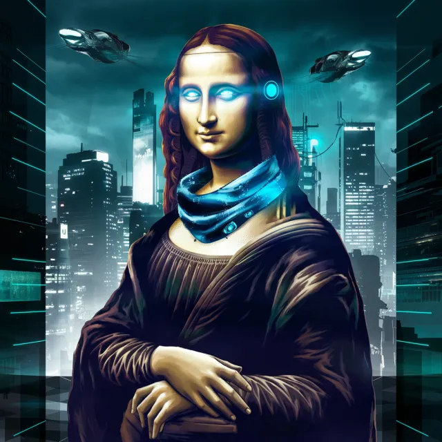 The Mona Lisa reimagined as a futuristic android, rendered in a digital art style that preserves Da Vinci's composition while incorporating sleek cyberpunk aesthetics and technological elements. - Ideogram V2