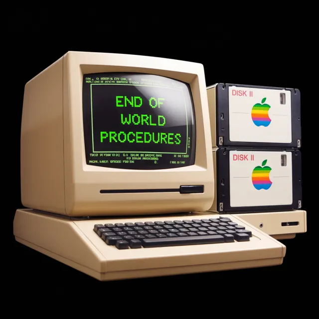 Vintage Apple II computer with green monochrome CRT screen, displaying 'END OF WORLD… - Ideogram V2