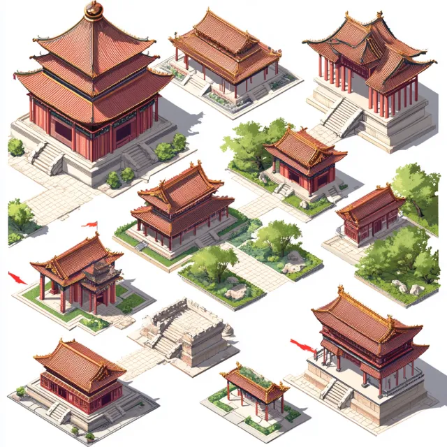 Isometric architectural illustration of an ancient Chinese temple complex showing… - Midjourney V6.1