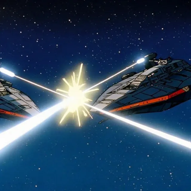 A 90s anime-style space battle scene with giant starships and laser beams. - Krea 2 Large