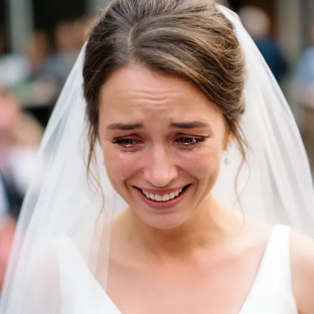 A bride on her wedding day, smiling with tears of joy in her eyes - Krea 2 Large