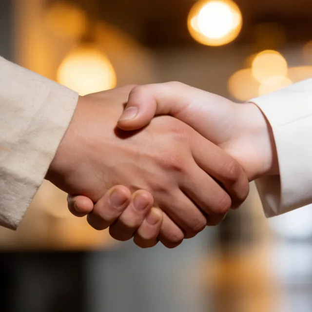 A close-up of two people shaking hands, both hands fully visible with five fingers each, in sharp focus against a blurred background. - Krea 2 Large
