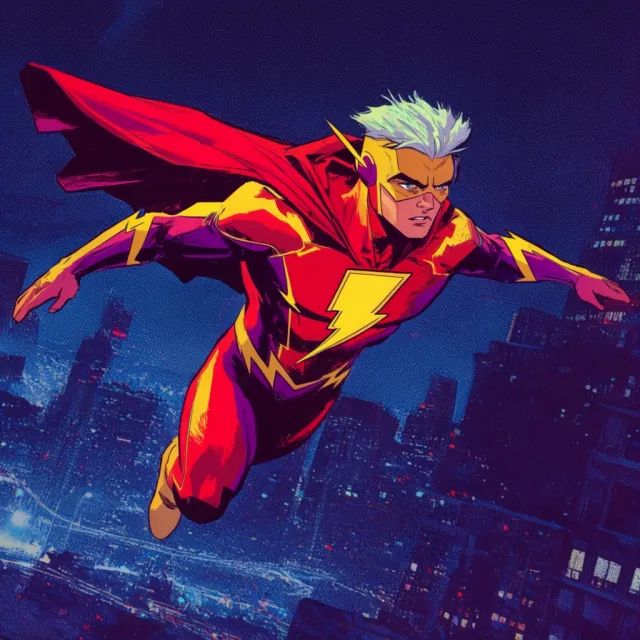 A comic-book style superhero flying over a city at night, with halftone shading - Krea 2 Large