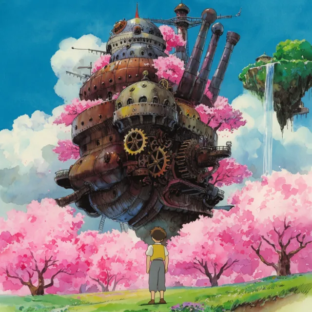 A floating steampunk castle in the sky with intricate mechanical gears and cherry blossom… - Krea 2 Large