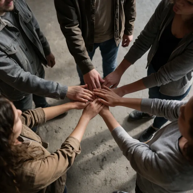 A group of five people joining hands in a circle, seen from above - Krea 2 Large