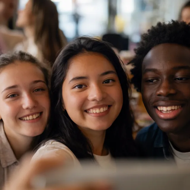A group selfie of three friends of different ethnic backgrounds smiling at the camera - Krea 2 Large