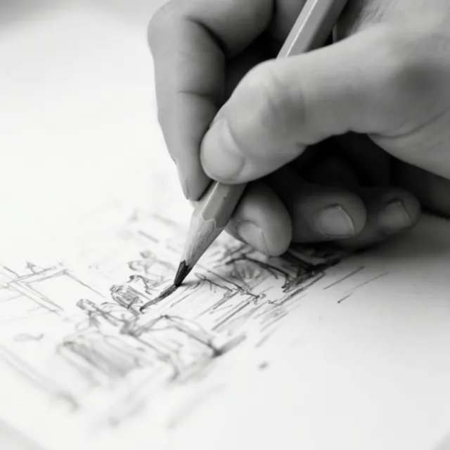 A hand drawing a sketch on paper with a pencil, the hand and pencil tip in clear focus - Krea 2 Large