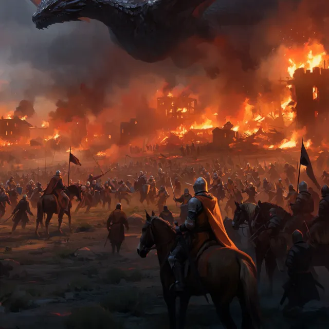 A medieval battlefield with knights on horseback and a dragon flying overhead - Krea 2 Large