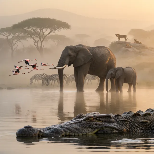 A misty dawn at an African savanna watering hole where elephants, lions, and zebras coexist in tense harmony, with a crocodile partially submerged in the foreground and flamingos taking flight in the background, golden hour lighting. - Krea 2 Large