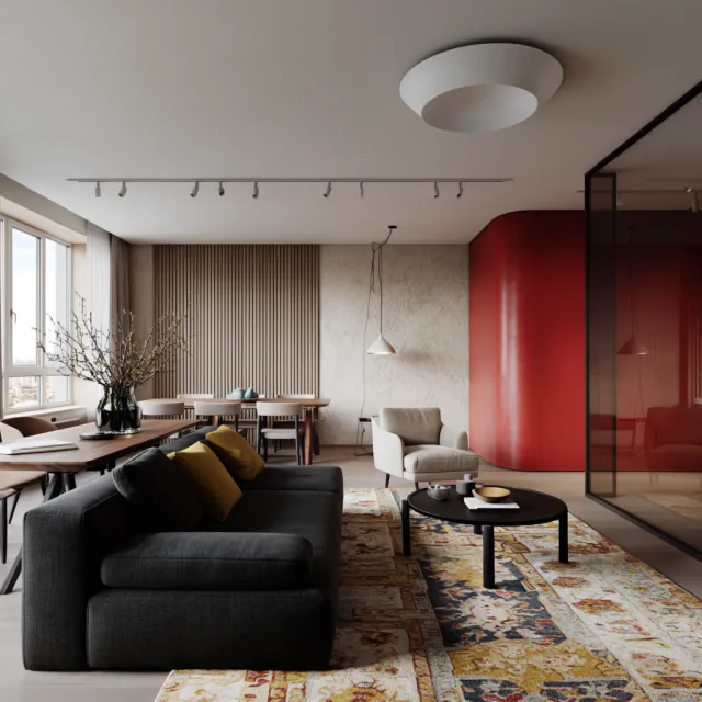 A photorealistic interior of a modern Scandinavian-style living room with natural light… - Krea 2 Large