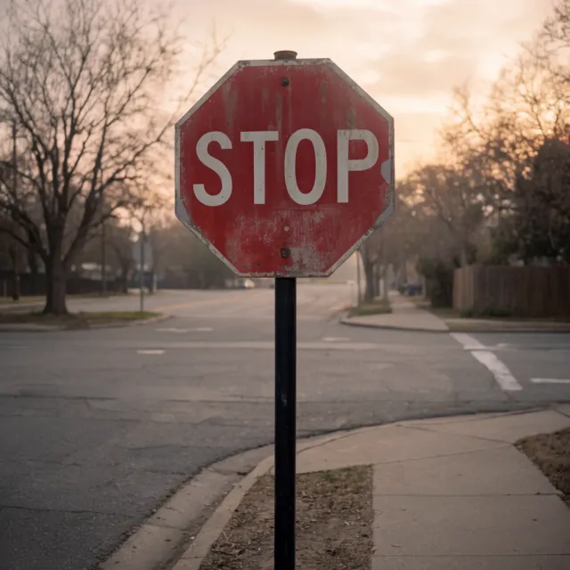 A red stop sign on a street corner displaying the word "STOP", photorealistic urban… - Krea 2 Large